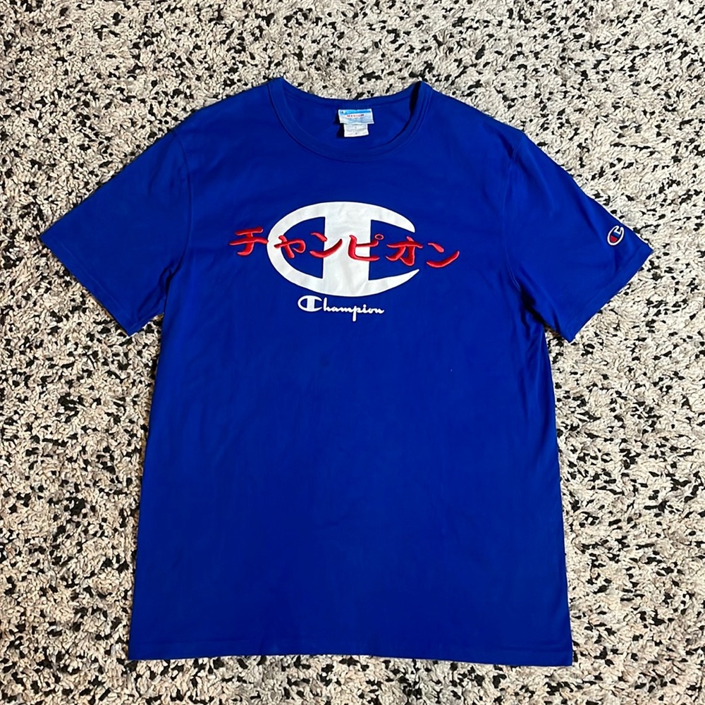 Champion Short Sleeve T-Shirt with Embroidered Japanese Print—Medium, Blue